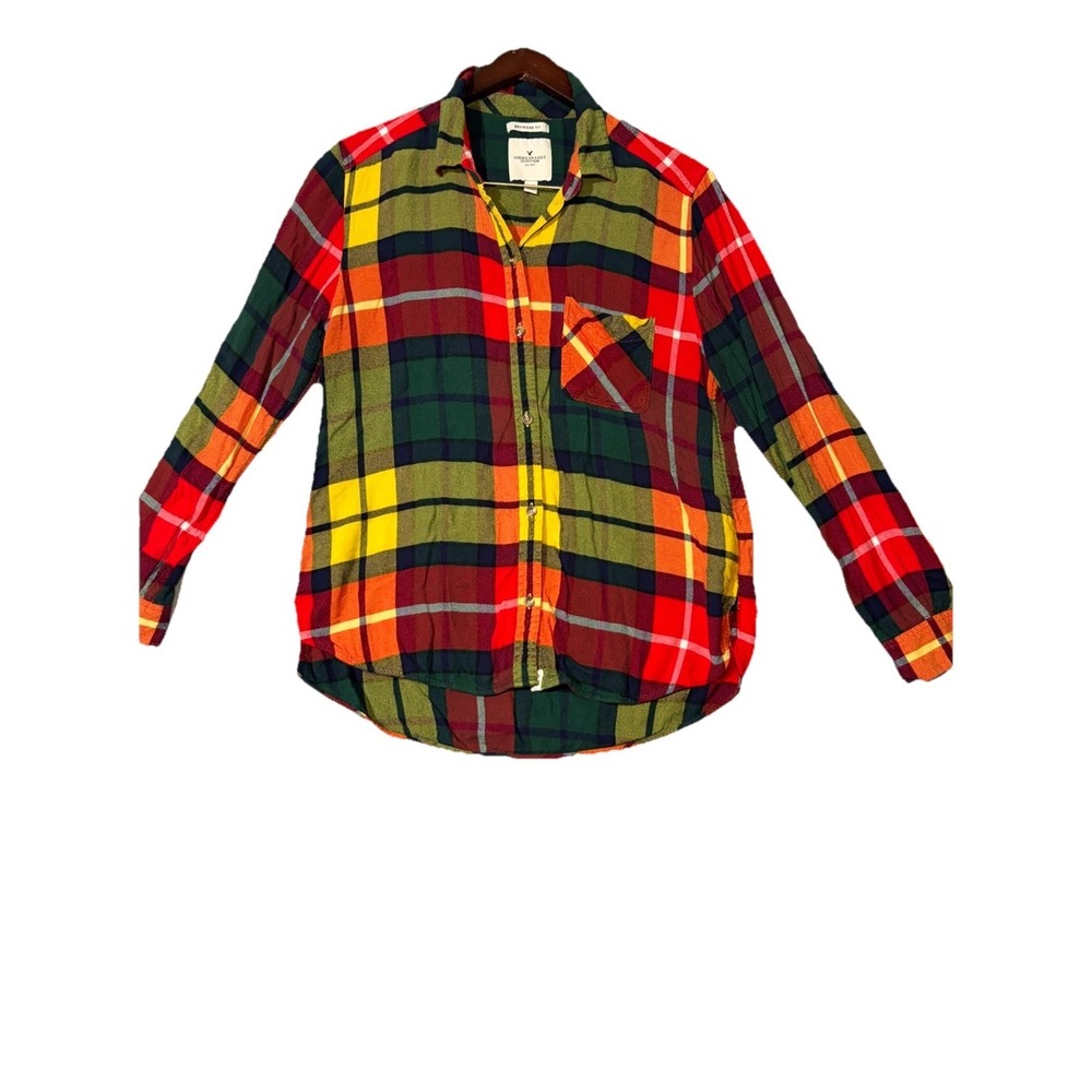 American Eagle Women's Amazingly Soft Boyfriend Fit Flannel Shirt Red Green Sz L